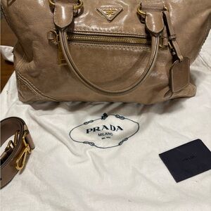 Prada Beige Leather Shoulder Bag with Gold Accents